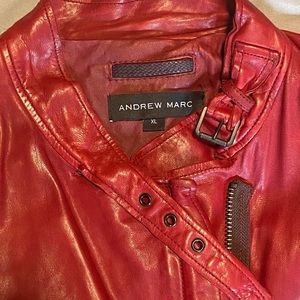 Red waist length leather jacket